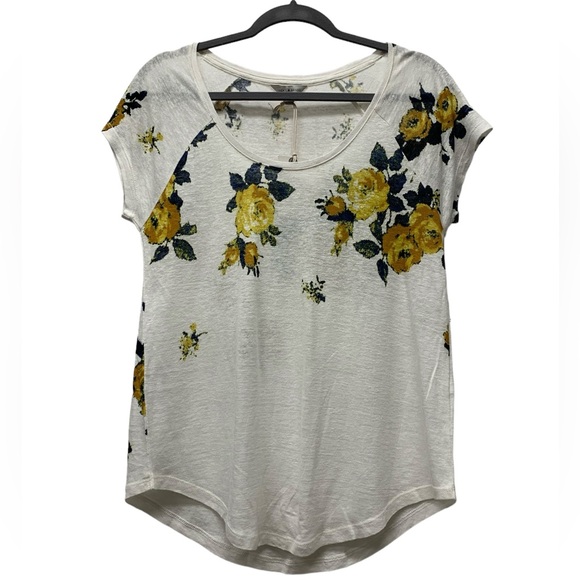 New! Lucky Brand floral short sleeve top blouse, linen blend, ivory, small - Picture 1 of 6